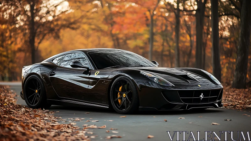 Midnight black supercar resting softly in golden autumn.