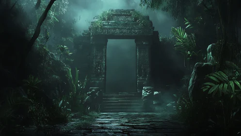 Volumetric-lit jungle portal framing archaic stone gateway.