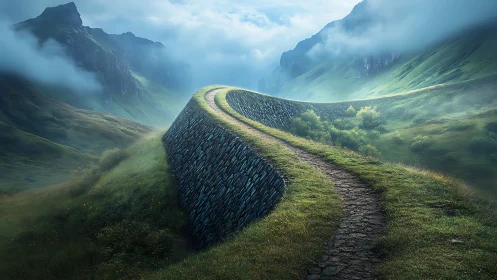 Curving stone road winds through misty emerald valley at dawn.