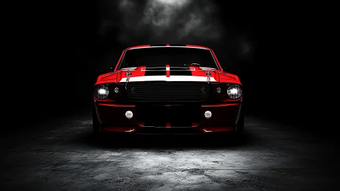 Scarlet muscle car front view in dramatic low key lighting.