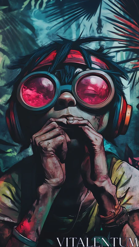 Goggled dreamer gazes upward, lost in neon jungle wonder