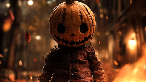 Pumpkin-headed scarecrow doll in shallow depth Halloween street