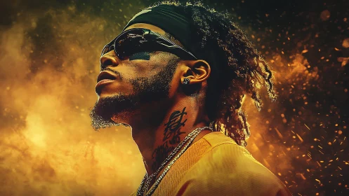 Side profile portrait of athlete in orange smoke field.