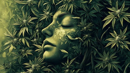 Botanical female face integrally merged with dense cannabis foliage