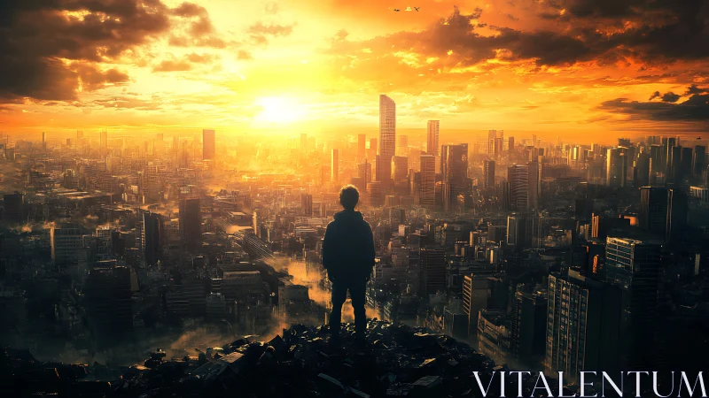 Backlit child surveying post-urban skyline under incendiary sky.