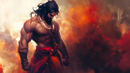 Warrior demigod stands against swirling firestorm sky