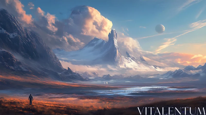 Lone wanderer crossing glowing plains toward icy spire.