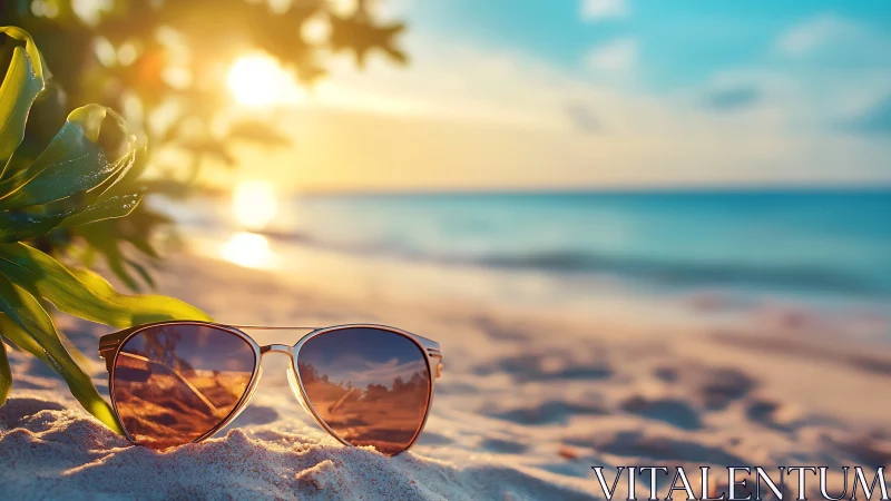 Sunglasses rest on warm beach sand under glowing sunset
