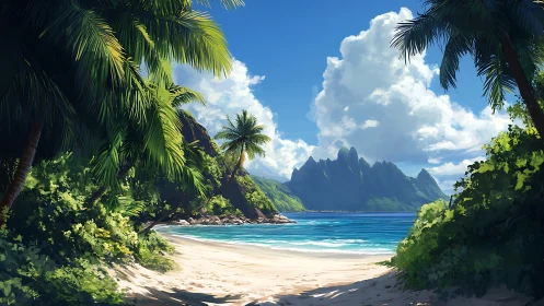 Tropical Paradise: Verdant Palms Frame Crystalline Lagoon and Dramatic Peaks