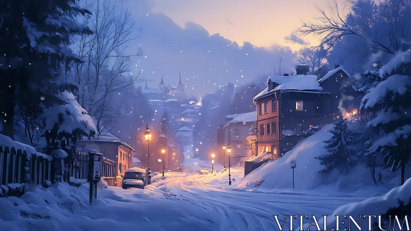 Snow covered town street under dusk winter lighting.