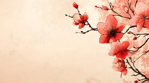Red Cherry Blossoms on Branches Against Cream Background.