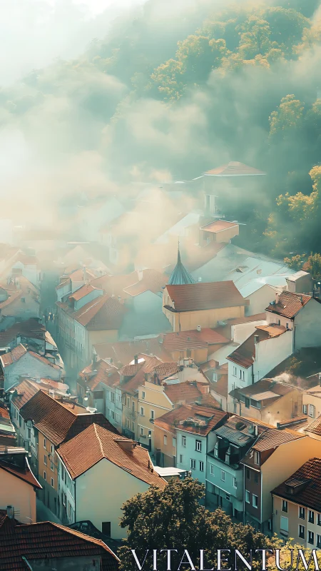 Morning fog drifts over a pastel hillside townscape.