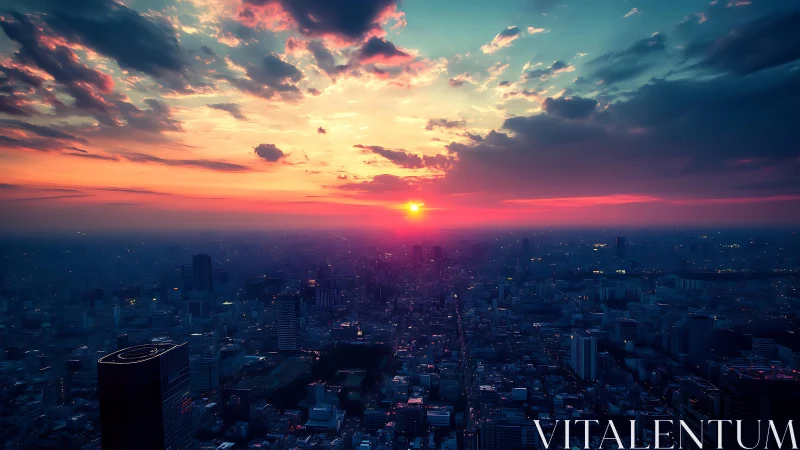 Vibrant city skyline under intense red and blue sunset sky.