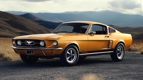 Golden classic Mustang glowing on a peaceful open road.