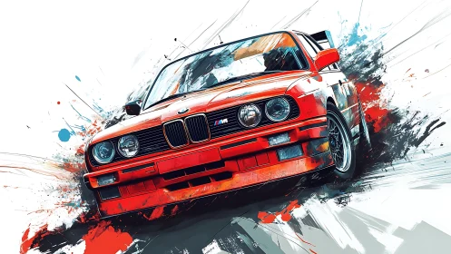 Red drift car surges through explosive abstract color field.