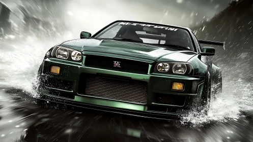 Dynamic drift study of green performance car in rainstorm.