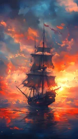 Tall ship sails on fiery ocean under vivid sunset sky.