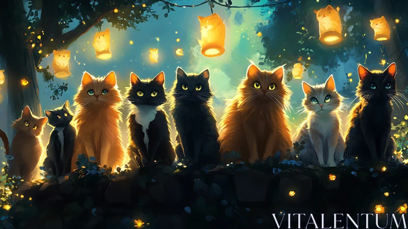 Luminescent Feline Assembly Under Bioluminescent Lanterns.