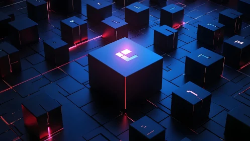 Futuristic glowing cubes on digital grid in neon cyberpunk style.