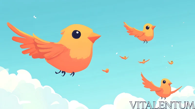 Cheerful Birds in Flight Among Fluffy Clouds.