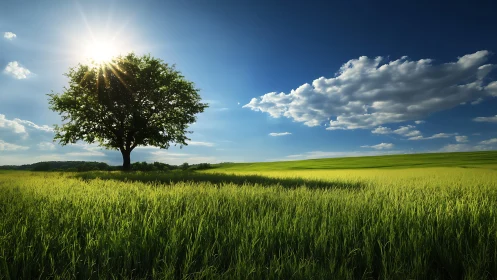 Solitary tree in sunlit green field under clear blue sky.