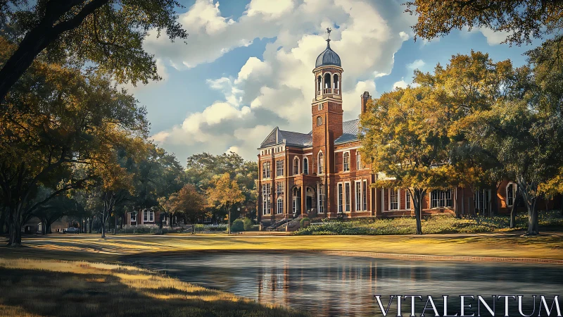Historic brick campus building reflected across quiet pond