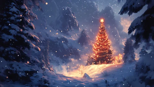 Glowing Christmas tree illuminates snow-covered mountain forest