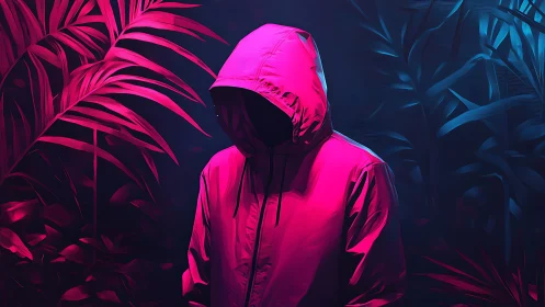 Hooded figure in neon jungle with intense pink lighting.