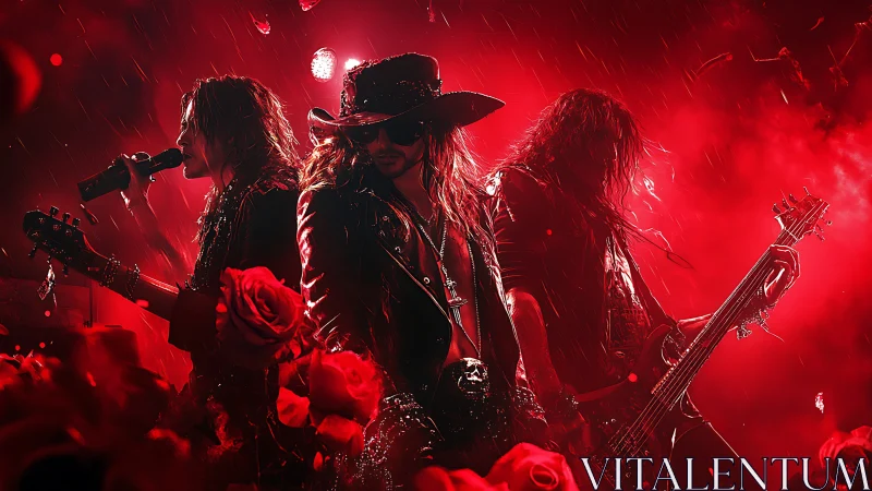 Crimson storm rock band bathed in roses and stage fire.