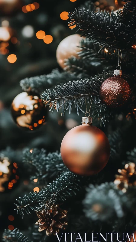 Copper ornaments glow on deep green Christmas branches.