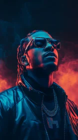 Neon rim-lit urban portrait with cyan orange bicolor haze glow.