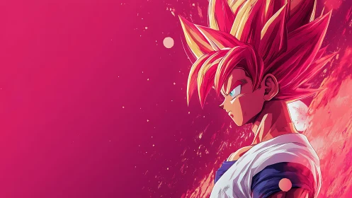 Anime warrior profile against vivid pink abstract sky.