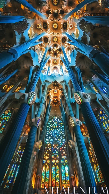 Interior view of vaulted church ceiling and stained glass.