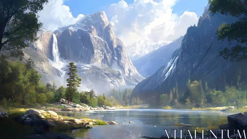 Sky-bathed mountain sanctuary mirrored in quiet river hush.