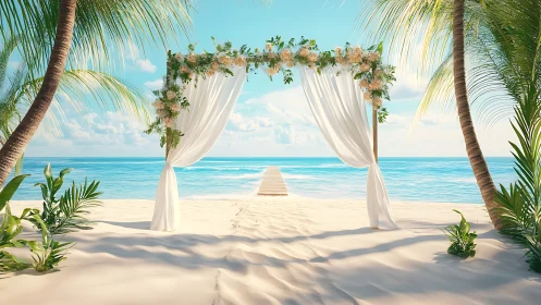 Sea breeze flutters through a sunlit tropical wedding archway