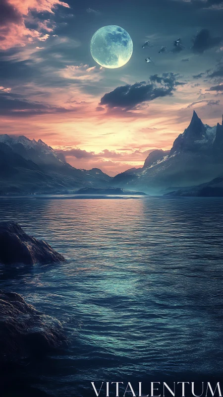 Moonlit mountain lake reflects dramatic twilight sky