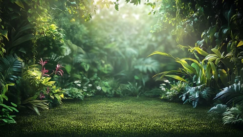 Lush jungle garden with tropical plants and sunlit clearing