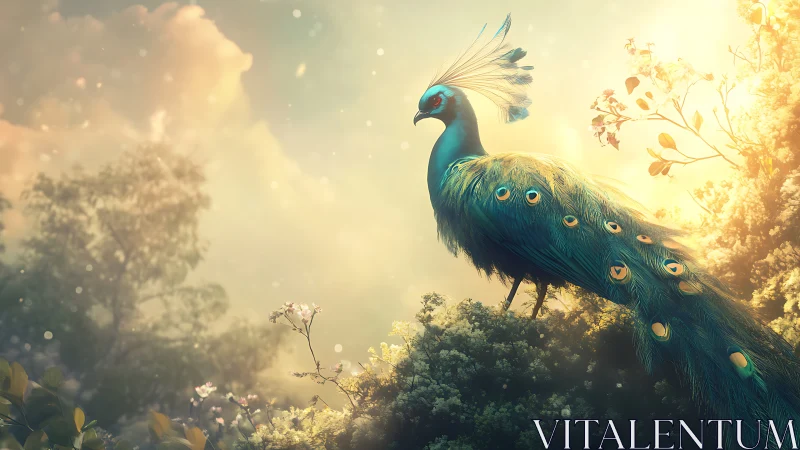 Digital rendering of stylized peacock in backlit garden scene.