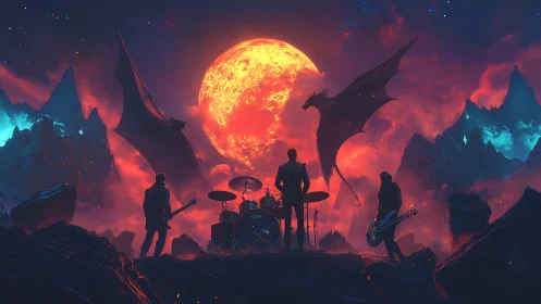 Metal band silhouette under blood moon with dragons.