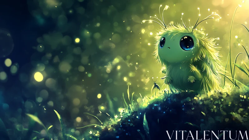 Tiny starlit fuzz-creature pauses to listen to glowing grass