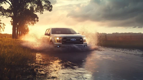 Ford pickup truck powers through rural sunset floodwater