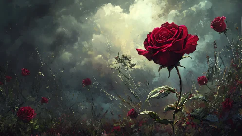 Deep Crimson Roses Emerging Through Atmospheric Stormy Haze.