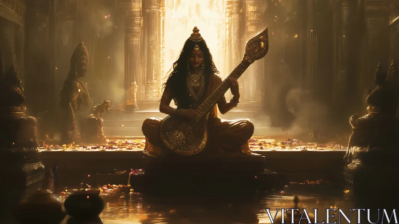Divine musician seated in golden temple light, strings glowing.