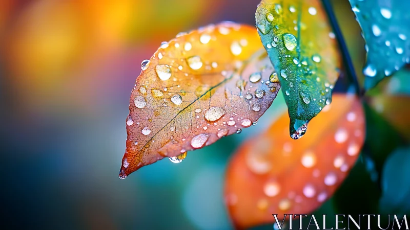 Water droplets on multicolored leaves in close focus.