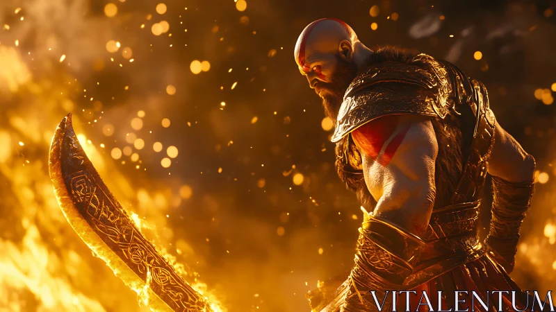 Heavily armored warrior inspects glowing rune blade in fiery bokeh field