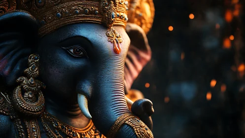 Close-up of ornate Ganesha sculpture with warm sparks.