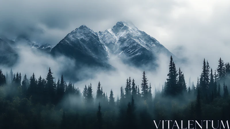 Misty mountain pines holding quiet secrets in cold air.