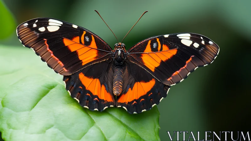 Orange-black butterfly rests on leaf with vivid contrast.
