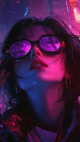 Neon-lit cyberpunk portrait with reflective magenta goggles.