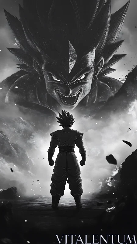 Standoff beneath towering Saiyan visage in stormy void.